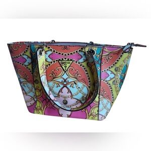 GUESS Tote Bag Colorful Baroque Chain Print Top Zip Shoulder Bag Women